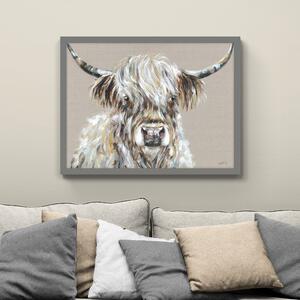 Fergus the Highland Cow Framed Print Grey/Brown