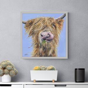 Bertie the Highland Cow Framed Print Blue/Brown/Light Grey