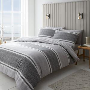 Textured Banded Stripe Reversible Grey Duvet Cover & Pillowcase Set Grey