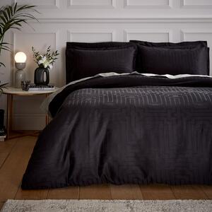 Bianca Satin Geo Jacquard 100% Cotton Black Duvet Cover & Pillowcase Set Black