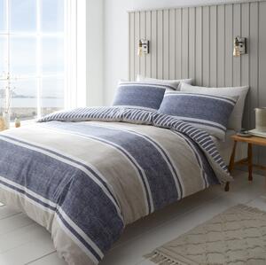Textured Banded Stripe Reversible Blue Duvet Cover & Pillowcase Set Blue