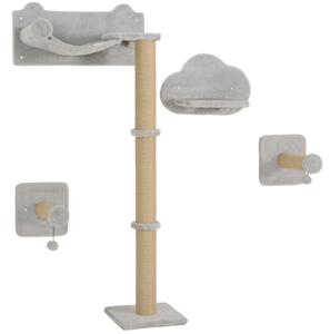 PawHut Cat Shelves w/ Scratching Post, Steps, Jumping Platform, Ladder, Toy Balls, 4 Piece for Indoor Cats, Light Grey Aosom UK