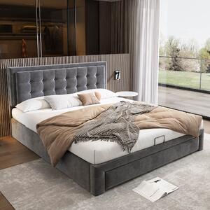 Double Velvet Fabric Upholstered Bed with Adjustable Headboard and Large Storage Space, Modern Bedroom Furniture, 141x190x101 cm, Grey Aosom.UK