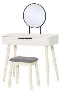 HOMCOM Dressing Table Set with Round Mirror Vanity Table Set w/ Makeup Desk, Cushioned Stool, 2 Drawers for Jewelry Storage, White Aosom UK