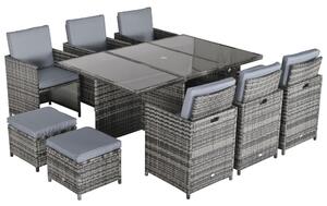 Outsunny Outdoor 11pc Rattan Garden Furniture Patio Dining Set 10-seater Cube Sofa Weave Wicker 6 Chairs 4 Footrests & 1 Table Mixed Grey