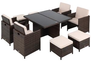 Outsunny 9PC Rattan Garden Furniture Set 8-seater Wicker Outdoor Dining Set Chairs + Footrest + Table Thick Cushion - Brown