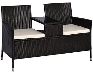 Outsunny 2 Seater Rattan Dining Chairs Wicker Loveseat Outdoor Patio Armchair with Drink Table Garden Furniture - Dark Brown Aosom UK