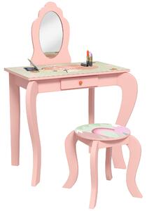 ZONEKIZ Kids Dressing Table with Mirror and Stool, Girls Vanity Table Makeup Desk with Drawer, Cute Animal Design, for 3-6 Years - Pink