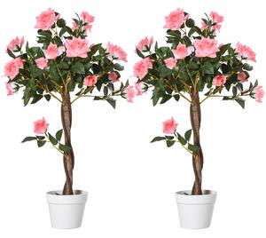 Outsunny Set of 2 Artificial Plants Pink Rose Floral in Pot, Fake Plants for Home Indoor Outdoor Decor, 90cm