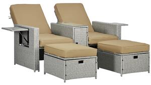 Outsunny 5PC PE Rattan Sun Lounger, Outdoor Wicker 5-level Adjustable Recliner Sofa Bed with Storage Side Table Footstools, for Patio, Garden, Beige