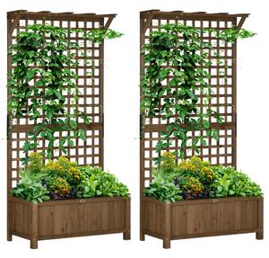 Outsunny 2 Pcs Raised Bed with Drainage Holes, Wood Planter with Trellis for Climbing Plants to Grow Vegetables, Flowers, Brown Aosom UK