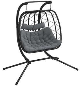 Outsunny Outdoor PE Rattan Double-seater Swing Chair w/ Thick Padded Cushion, Patio Hanging Chair for 2 w/ Metal Stand, Headrest, Black