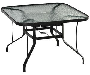Outsunny Garden Dining Table, Square, Outdoor, with Parasol Hole, Tempered Glass Top, Steel Frame, Black