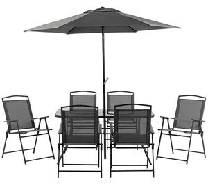 Outsunny 8 Pieces Metal Garden Furniture Set with Parasol and Folding Chairs, Patio Dining Set, 6 Seater Outdoor Table and Chairs with Tempered Glass Top, Black