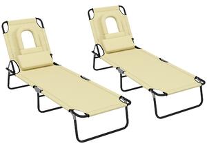 Outsunny Outdoor Foldable Sun Lounger Set of 2, 4 Level Adjustable Backrest Reclining Sun Lounger Chair with Pillow and Reading Hole, Beige Aosom UK