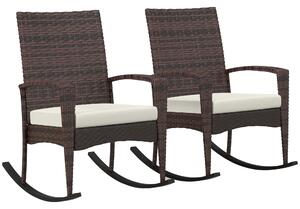 Outsunny Outdoor PE Rattan Rocking Chair Set of 2, Garden Rocking Chair Set with Armrest and Cushion, Brown Aosom UK