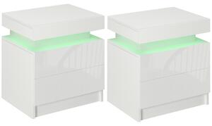 HOMCOM White Bedside Table with LED Light, High Gloss Front Nightstand with 2 Drawers, for Living Room, Bedroom