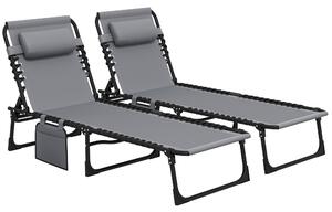 Outsunny Portable Sun Lounger Set of 2, Folding Camping Bed Cot, Reclining Lounge Chair 5-position Adjustable Backrest for Patio Beach, Grey