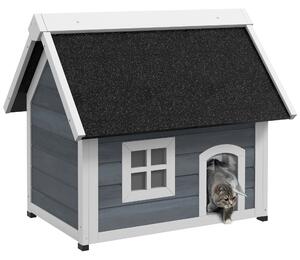 PawHut Outdoor Cat House, Wooden Feral Cat Shelter Waterproof Hide House with Openable Asphalt Roof and Three Doors, 77 x 57.5 x 68cm, Grey Aosom UK