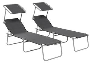 Outsunny Sun Lounger Set of 2, Foldable, 4-Level Adjustable Backrest, Reclining Chair with Sun Shade, for Beach/Garden/Patio, Grey