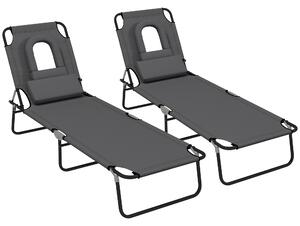 Outsunny Foldable Sun Lounger Set, 2-Pack, 4-Level Backrest, Pillow & Reading Hole, Lightweight for Garden Relaxation, Dark Grey Aosom UK