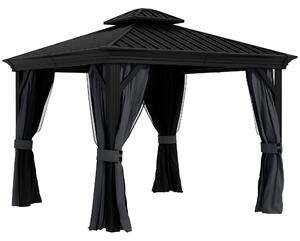 Outsunny 3 x 3.7m Outdoor Hardtop Gazebo Canopy Aluminum Frame with 2-Tier Roof & Mesh Netting Sidewalls for Patio, Dark Grey