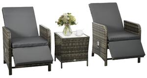 Outsunny 3 Pieces Rattan Bistro Set Balcony Furniture with Cushions, Storage Function - Mix-Grey