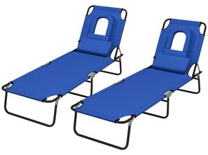 Outsunny Outdoor Foldable Sun Lounger Set of 2, 4 Level Adjustable Backrest Reclining Sun Lounger Chair with Pillow and Reading Hole, Blue