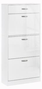 HOMCOM Shoe Cabinet with 4 Drawers Storage High Gloss Cupboard with Flip Doors Pull Down Furniture Unit with Adjustable Shelves for 18 Pairs White