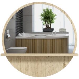 Kleankin Decorative Wall Mirror: 45cm Circular Bathroom Mirror with Storage Shelf, Wooden Frame, Natural Wood Effect