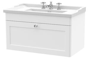 Classique Wall Mounted 1 Drawer Vanity Unit with Ceramic Basin Satin White