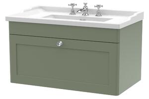 Classique Wall Mounted 1 Drawer Vanity Unit with Ceramic Basin Satin Green