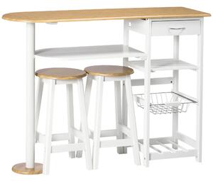 HOMCOM 3 Piece Bar Table Set, Breakfast Bar table and Stools with Storage Shelf, Drawer, Wire Basket and Wine Rack for Kitchen, Natural and White