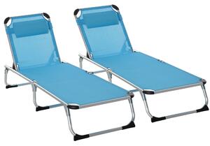 Outsunny 2 Pieces Foldable Sun Lounger with Pillow, 5-Level Adjustable Reclining Lounge Chair, Aluminium Frame Camping Bed Cot, Blue