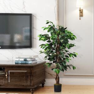 Costway 120CM Artificial Ficus Tree with Plastic Pot and Natural Trunk