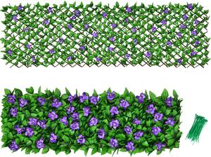 Costway Expandable Artificial Hedge Fence with White and Purple Flowers-Purple