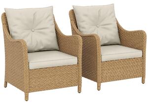 Outsunny Rattan Garden Chairs Set of 2, Outdoor Rattan Chairs with Cushions, Armrests and High Back, PE Wicker Garden Armchair with Steel Frame for Balcony, Porch, Beige