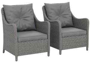 Outsunny Rattan Garden Chairs Set of 2, Outdoor Rattan Chairs with Cushions, Armrests and High Back, PE Wicker Garden Armchair with Steel Frame for Balcony, Porch, Dark Grey