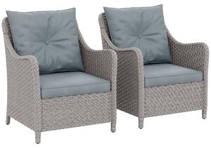 Outsunny Rattan Garden Chairs Set of 2, Outdoor Rattan Chairs with Cushions, Armrests and High Back, PE Wicker Garden Armchair with Steel Frame for Balcony, Porch, Light Grey