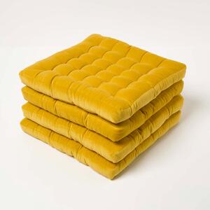 Set of 4 Mustard Quilted Velvet Seat Chair Pad 40x40cm with Ties