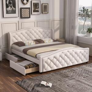 Double Upholstered Bed with Slatted Frame and 2 Drawers, Headboard with Pull Point Rivets, Wood and Faux Leather, 143x203.5x100cm, White Aosom.UK