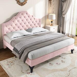 Upholstered Wooden Double Bed Frame with Adjustable Button Headboard, Velvet Fabric, Luxurious Slat Bed for Bedroom, 137x193x124 cm, Pink Aosom.UK