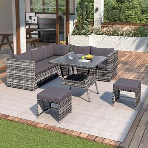 7 Seater Rattan Garden Patio Corner Sofa Set with High Glass Top Dining Table, Outdoor Dining Set, Patio Couch Set, 184x184x66 cm, Grey Aosom.UK