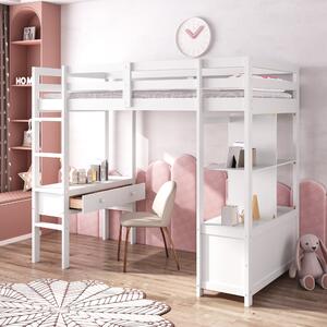 Single Loft Bed with Storage Compartments and Anti-Fall Railings, 3ft Pine Wood Childrens Bed with Desk and Drawers, 196x100x164.5cm, White Aosom.UK