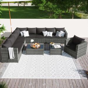 9-Seater Large Rattan Garden Corner Sofa Set with Coffee Table and Cushions, Durable and Stylish Outdoor Patio Furniture, 291x235x66, Grey Aosom.UK