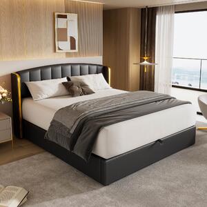 Double Stylish Upholstered Bed with Hydraulic Storage and Gold Edge Ear Design, PU Material, Slat Frame, Headboard, 143x198x106 cm, Black Aosom.UK