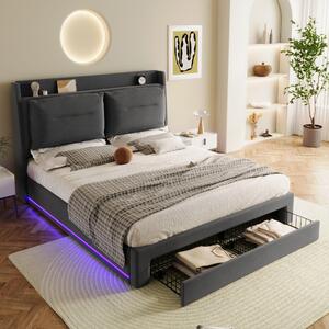 Double Stylish Velvet Upholstered Bed with Hydraulic Storage and LED Light Strips, 2-in-1 Drawers, Slatted Frame, 142x198x114 cm, Dark Gray Aosom.UK