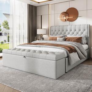 Double Linen Fabric Upholstered Bed with Hydraulic Storage Bench, Rivet Decoration, Stylish Bed with Ottoman, 136x197x102.5 cm, Lighr Grey Aosom.UK