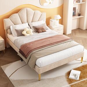 King Size Velvet Upholstered Bed with Shell-Like Headboard and Golden Iron Legs, Adjustable Height, Wood Slat Frame, 155x205X120 cm, Beige Aosom.UK