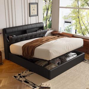 Double Upholstered Bed with Hydraulic Lift and Concealed Storage, PU Material, Slat Frame, Modern Bedroom Furniture, 142x206x105 cm, Black Aosom.UK